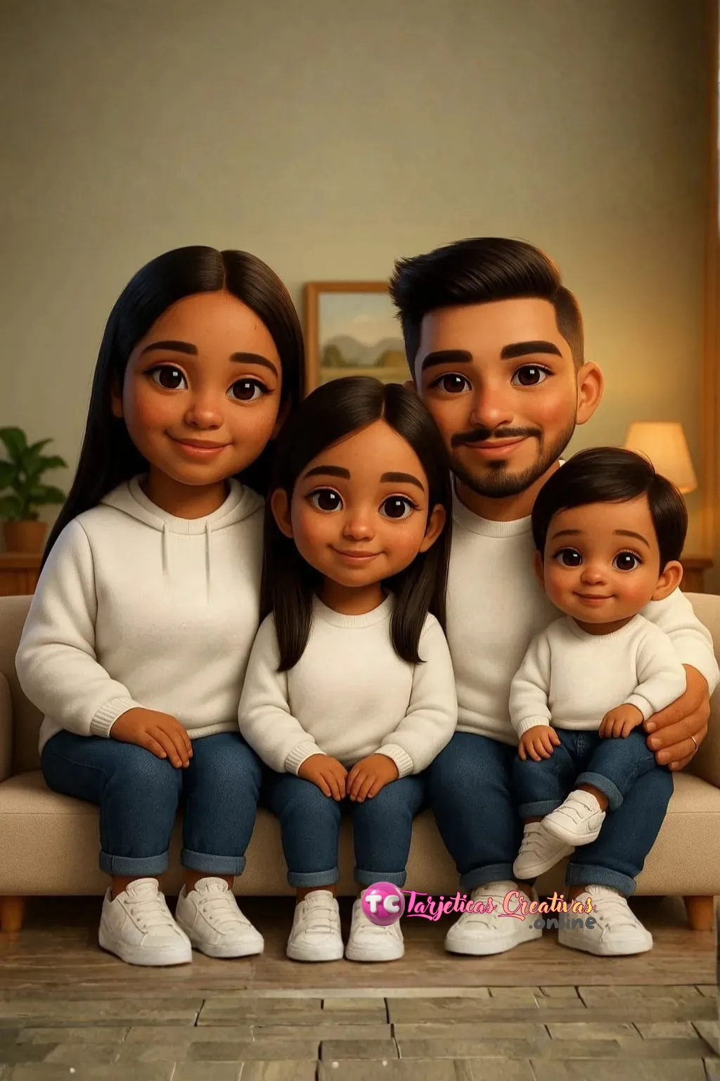 Mamá y tres niños sentados en sofa de la sala